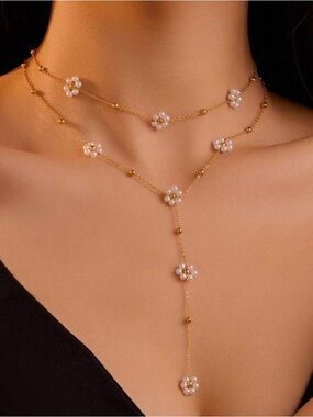 Gold Pearl Flower Y shape Necklace A1810